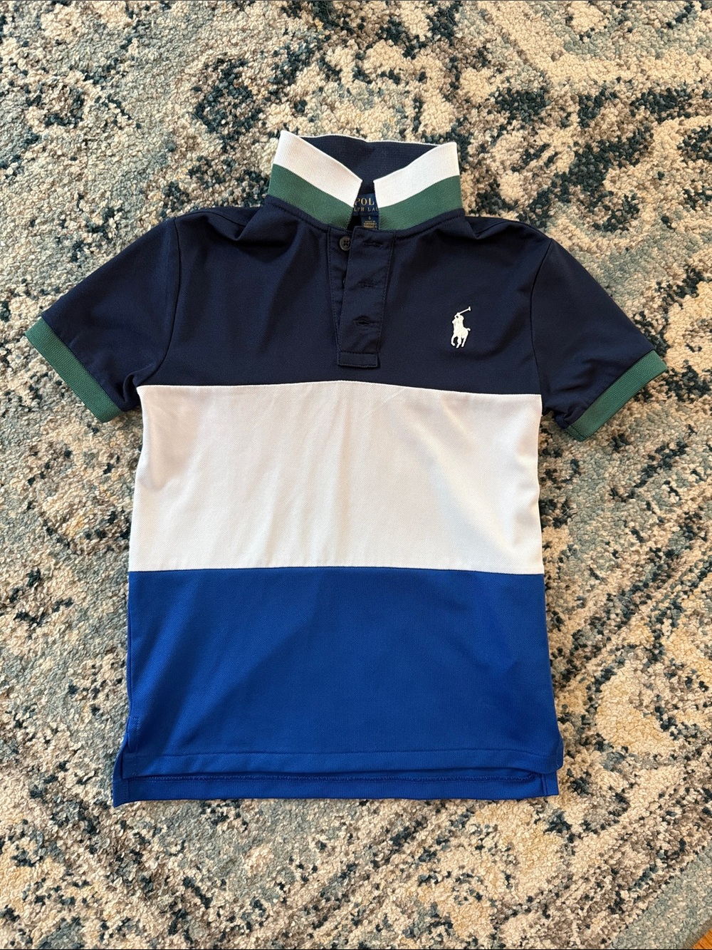 Polo by Ralph Lauren Navy White Royal Blue Colorblock Polo with Green Trim